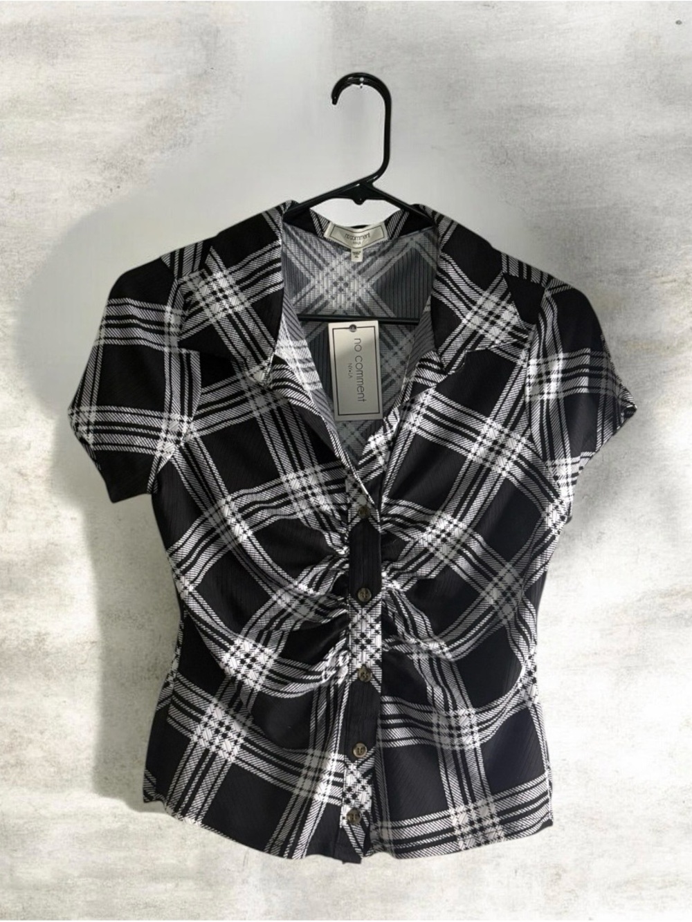 Black Plaid Short-Sleeve Twist-Front Top